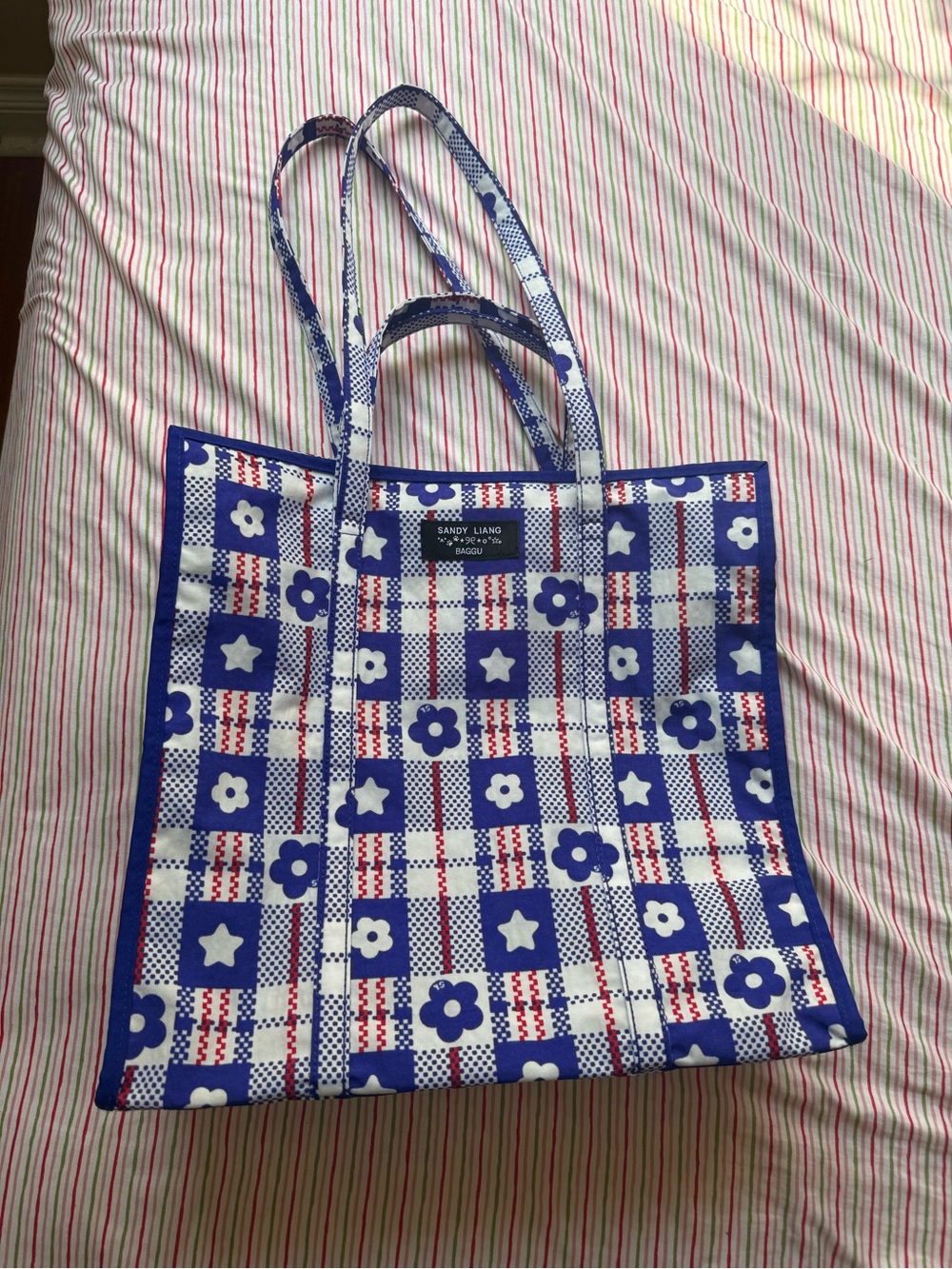 Sandy Liang Navy Blue Floral Plaid Tote